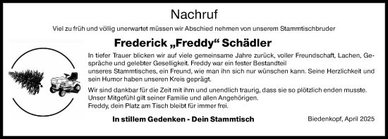Traueranzeige von Frederick Schädler von Hinterländer Anzeiger