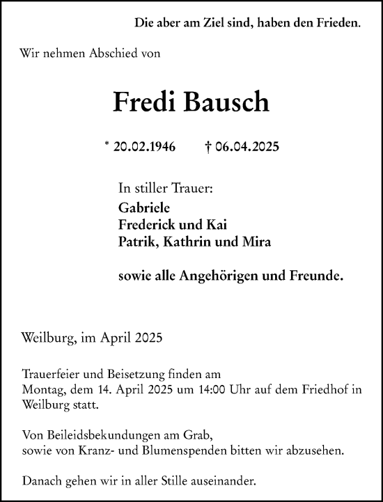 Traueranzeige von Fredi Bausch von Weilburger Tageblatt