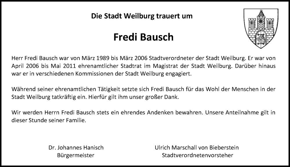  Traueranzeige für Fredi Bausch vom 16.04.2025 aus Weilburger Tageblatt