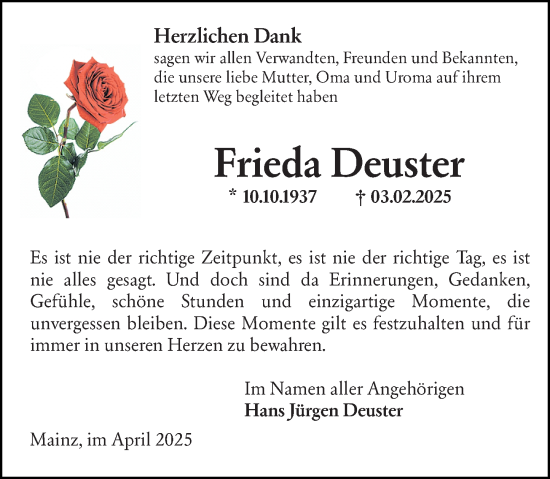 Traueranzeige von Frieda Deuster von Allgemeine Zeitung Mainz