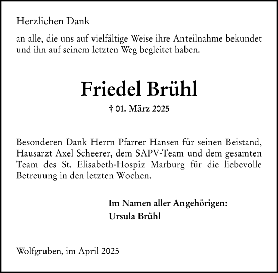Traueranzeige von Friedel Brühl von Hinterländer Anzeiger