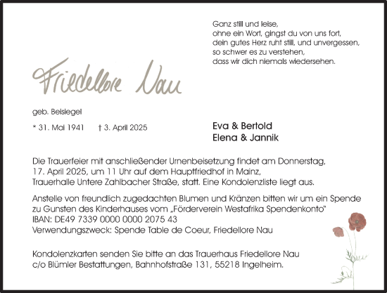 Traueranzeige von Friedellore Nau von Allgemeine Zeitung Mainz