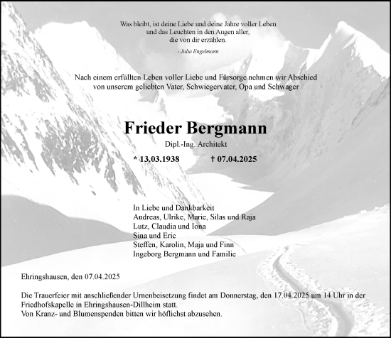 Traueranzeige von Frieder Bergmann von Dill Block