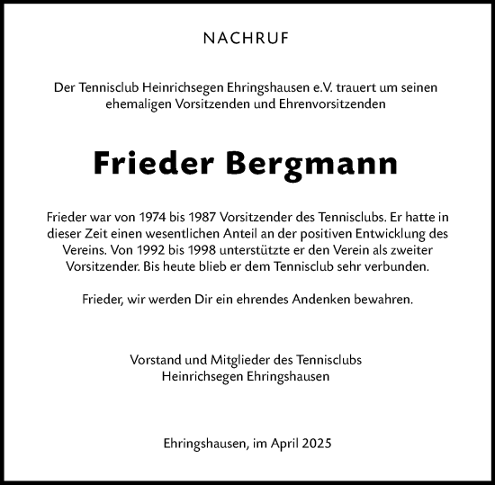 Traueranzeige von Frieder Bergmann von Wetzlarer Neue Zeitung