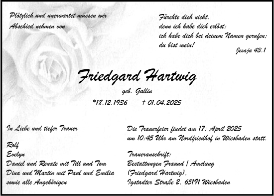 Traueranzeige von Friedgard Hartwig von Wiesbadener Kurier