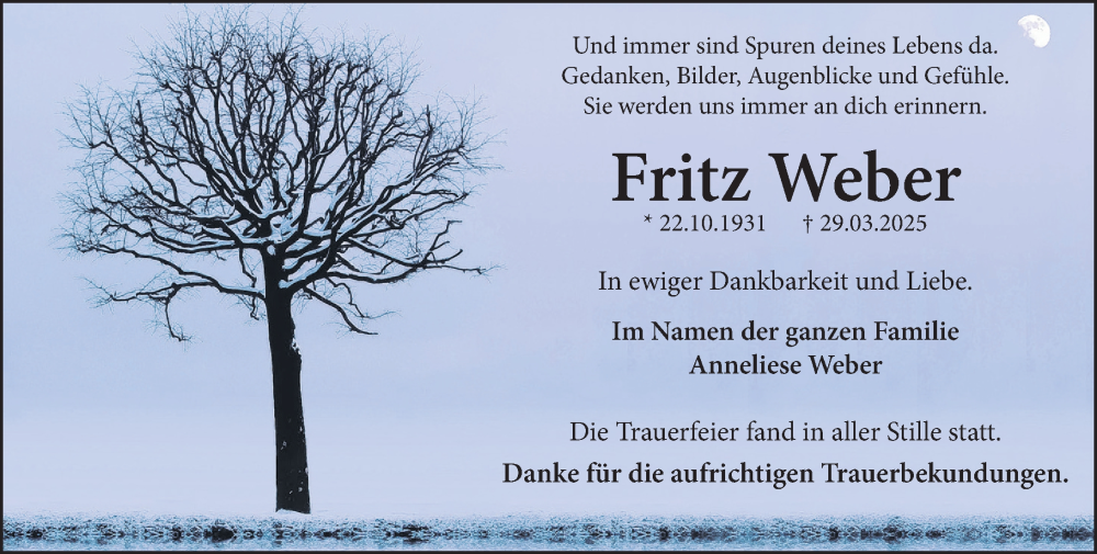  Traueranzeige für Fritz Weber vom 26.04.2025 aus Wetzlarer Neue Zeitung