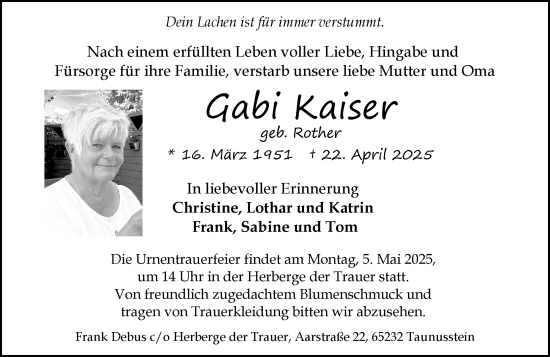 Traueranzeige von Gabi Kaiser von Idsteiner Land/Untertaunus