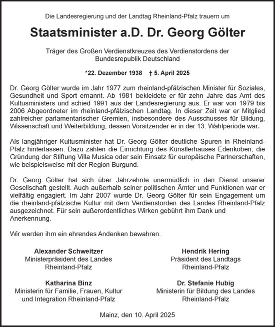 Traueranzeige von Georg Gölter von Allgemeine Zeitung Mainz