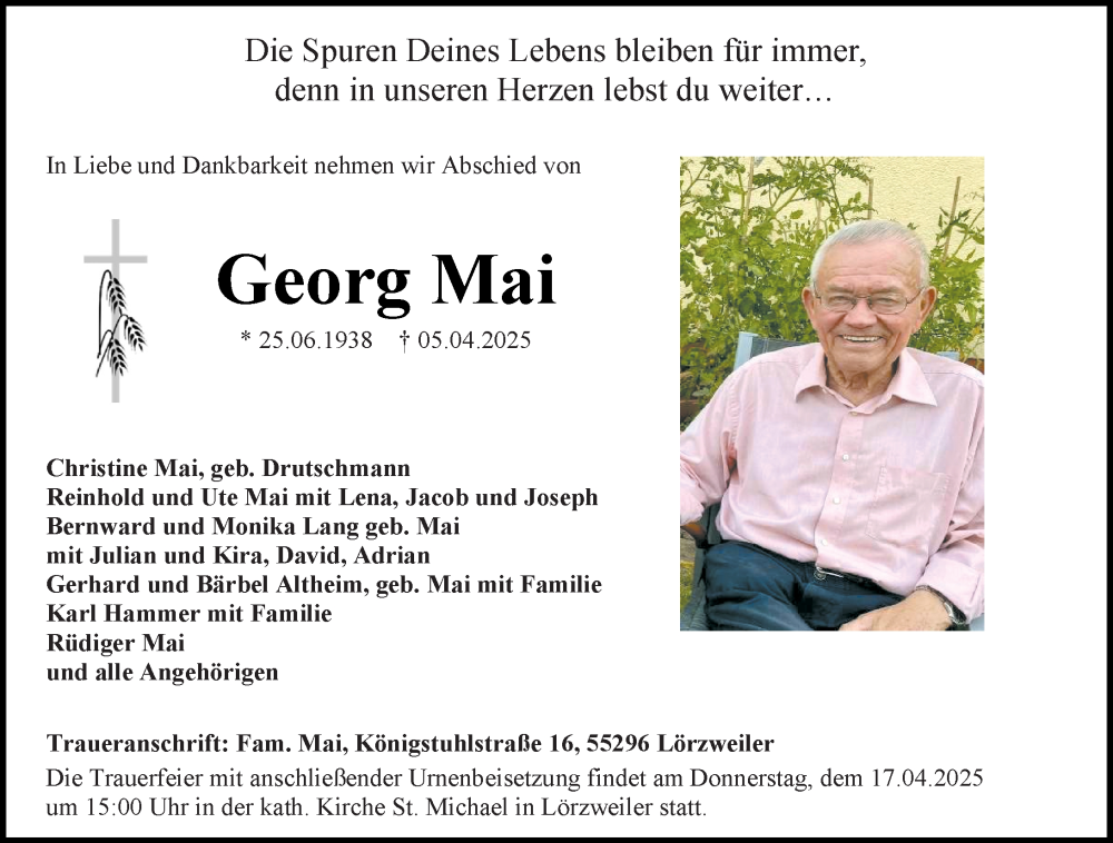  Traueranzeige für Georg Mai vom 12.04.2025 aus Allgemeine Zeitung Mainz