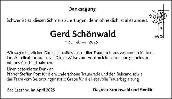 Traueranzeige von Gerd Schönwald von Hinterländer Anzeiger