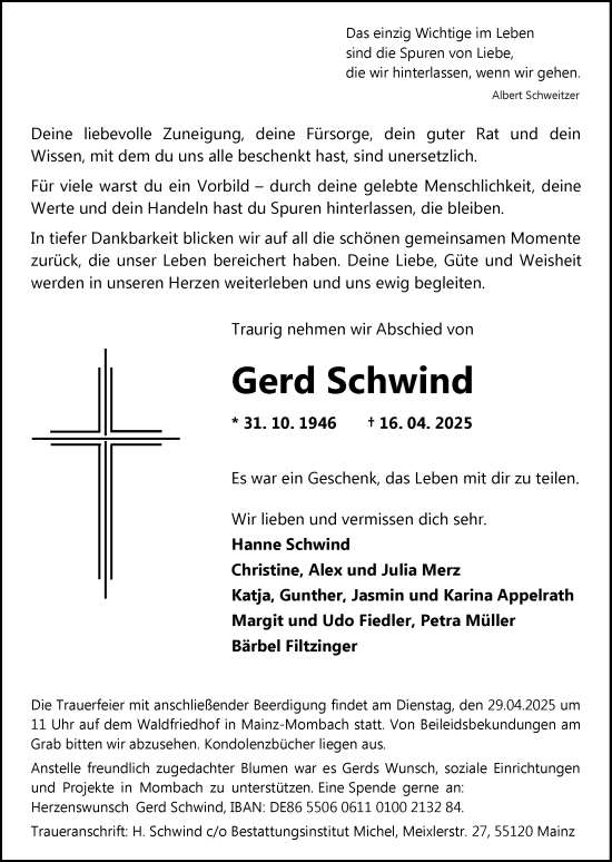 Traueranzeige von Gerd Schwind von Rüsselsheimer Echo