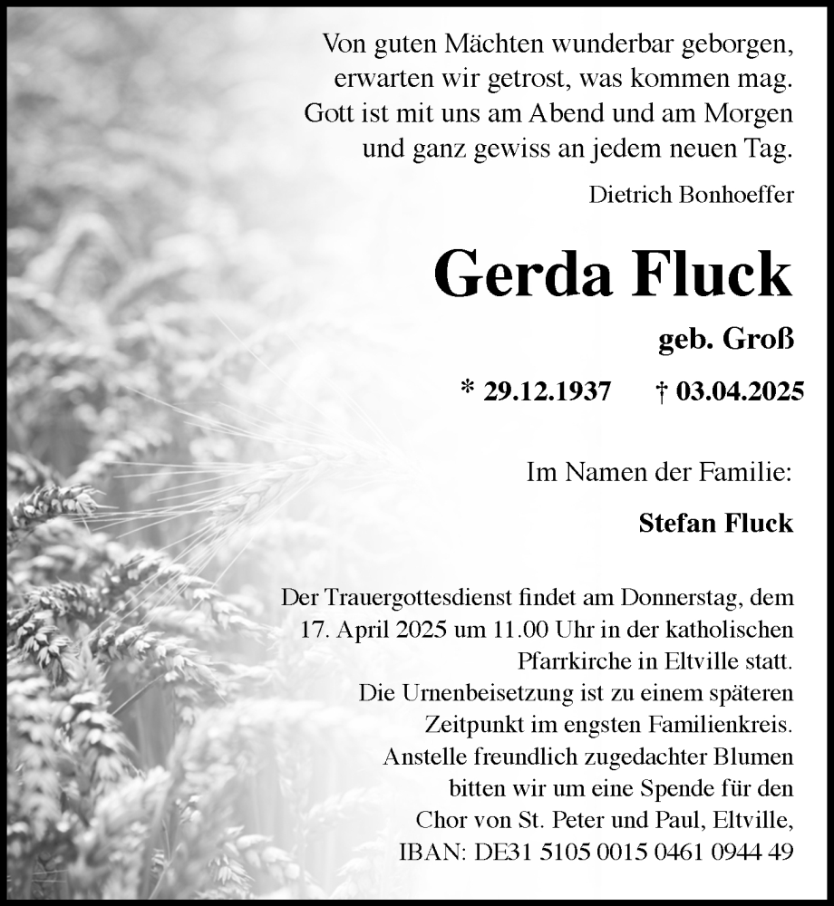  Traueranzeige für Gerda Fluck vom 12.04.2025 aus Rheingau Kurier