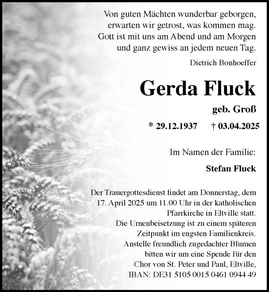 Traueranzeige von Gerda Fluck von Rheingau Kurier