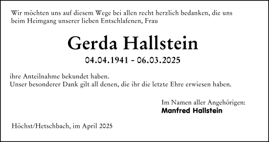 Traueranzeige von Gerda Hallstein von Odenwälder Echo