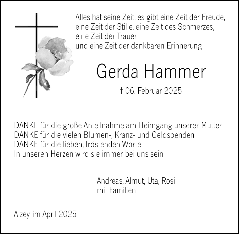  Traueranzeige für Gerda Hammer vom 12.04.2025 aus Allgemeine Zeitung Alzey