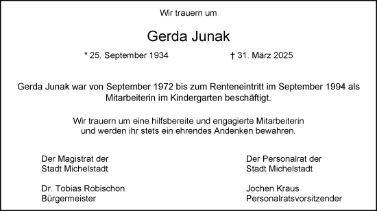 Traueranzeige von Gerda Junak von Odenwälder Echo