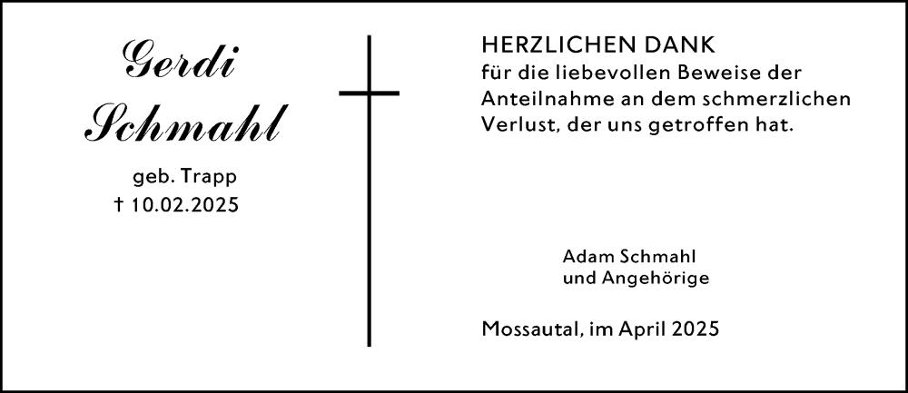  Traueranzeige für Gerdi Schmahl vom 05.04.2025 aus Odenwälder Echo