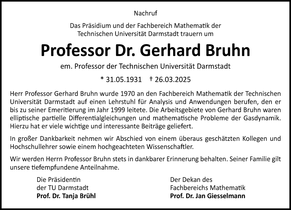  Traueranzeige für Gerhard Bruhn vom 19.04.2025 aus Darmstädter Echo