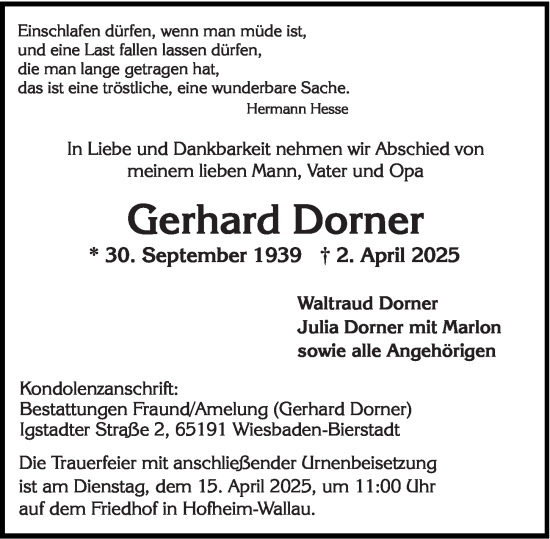 Traueranzeige von Gerhard Dorner von Wiesbadener Kurier