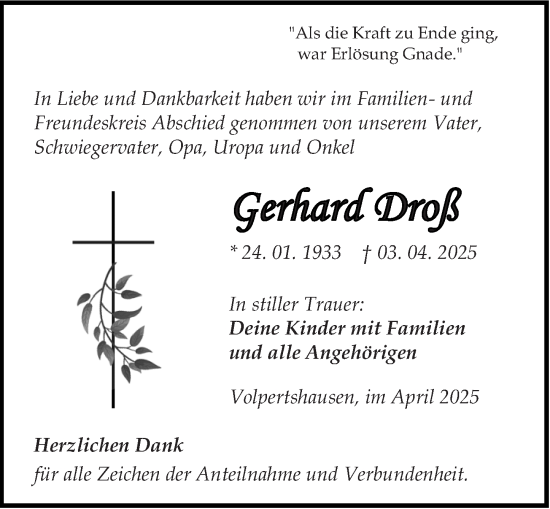 Traueranzeige von Gerhard Droß von Wetzlarer Neue Zeitung