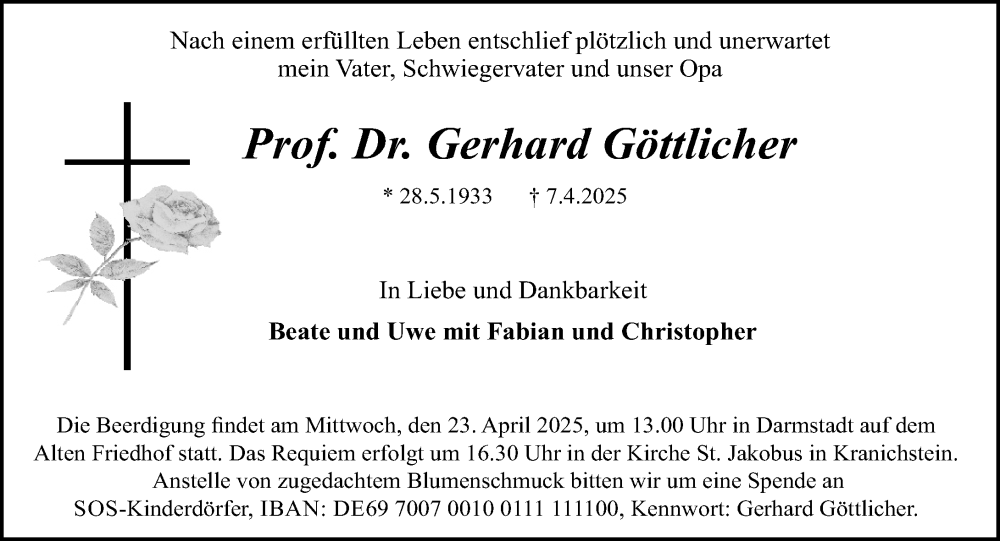  Traueranzeige für Gerhard Göttlicher vom 19.04.2025 aus Darmstädter Echo