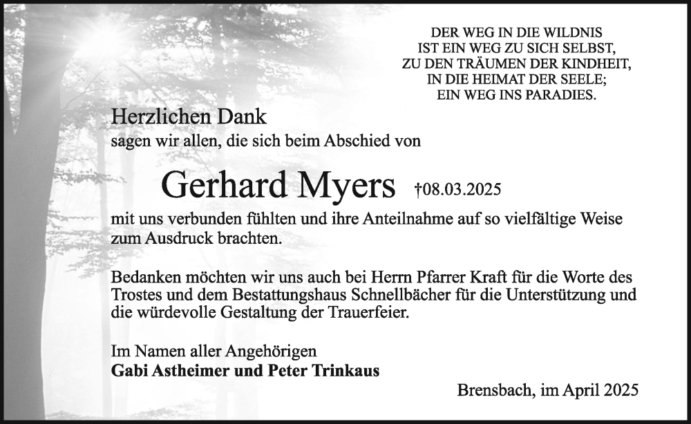  Traueranzeige für Gerhard Myers vom 19.04.2025 aus Odenwälder Echo