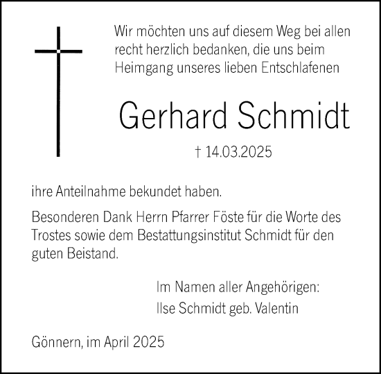Traueranzeige von Gerhard Schmidt von Hinterländer Anzeiger