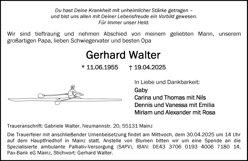  Traueranzeige für Gerhard Walter vom 26.04.2025 aus Allgemeine Zeitung Mainz