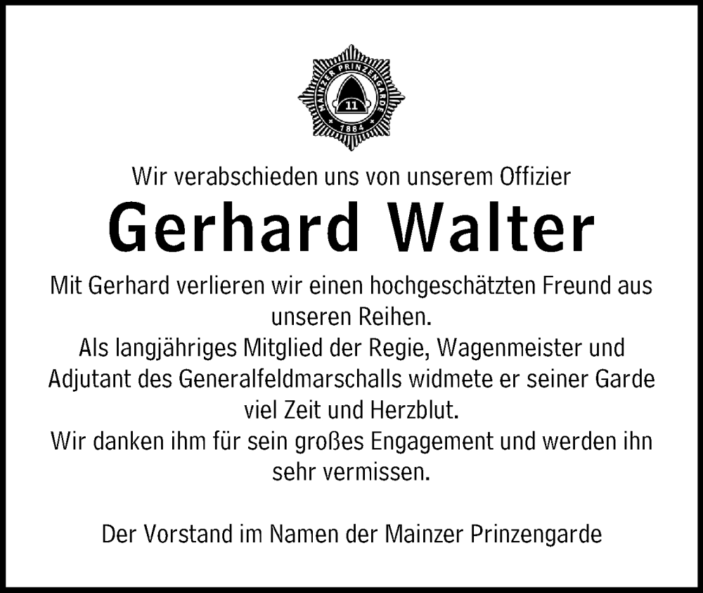  Traueranzeige für Gerhard Walter vom 30.04.2025 aus Allgemeine Zeitung Mainz