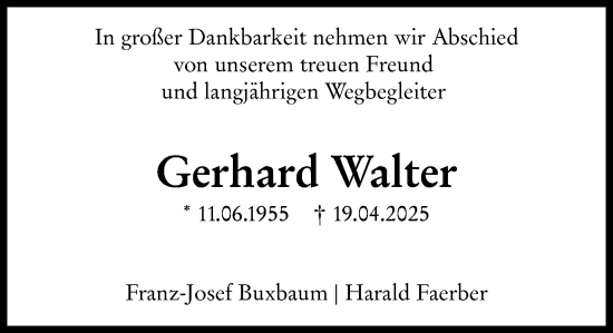 Traueranzeige von Gerhard Walter von Allgemeine Zeitung Mainz