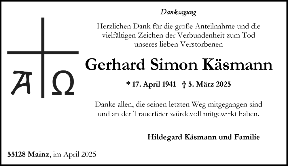  Traueranzeige für Gerhard Simon Käsmann vom 26.04.2025 aus Allgemeine Zeitung Mainz