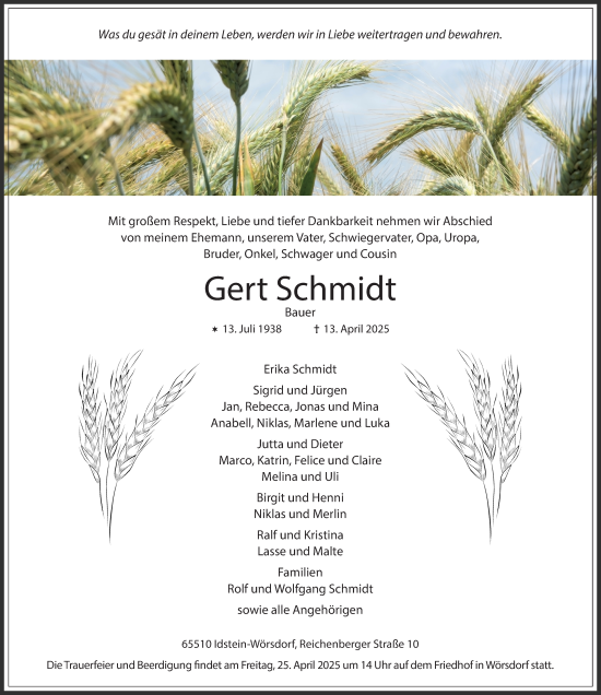 Traueranzeige von Gert Schmidt von Wiesbadener Kurier