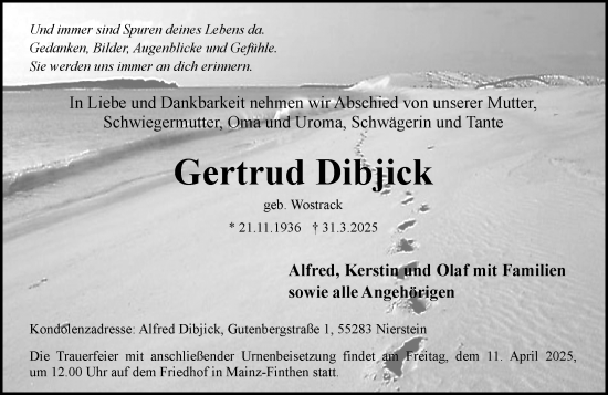 Traueranzeige von Gertrud Dibjick von Allgemeine Zeitung Mainz