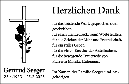 Traueranzeige von Gertrud Seeger von Darmstädter Echo