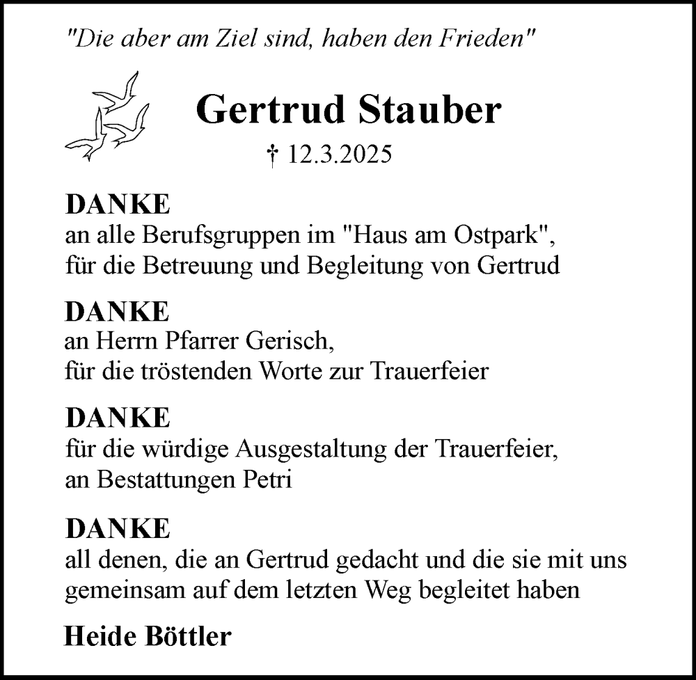  Traueranzeige für Gertrud Stauber vom 26.04.2025 aus Rüsselsheimer Echo