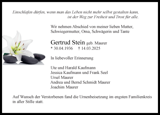 Traueranzeige von Gertrud Stein von Darmstädter Echo