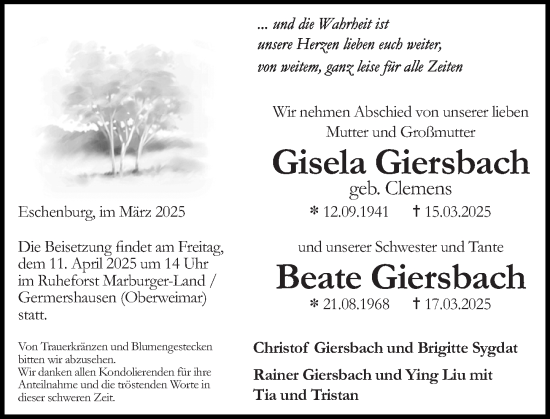Traueranzeige von Gisela Giersbach von Dill Block