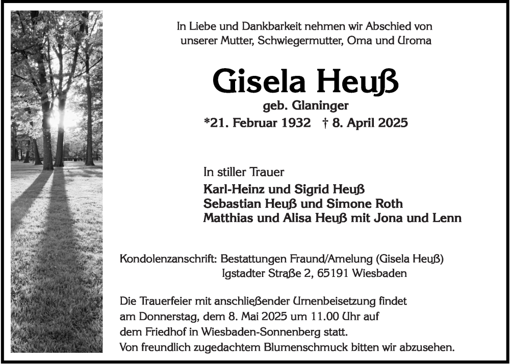  Traueranzeige für Gisela Heuß vom 19.04.2025 aus Wiesbadener Kurier