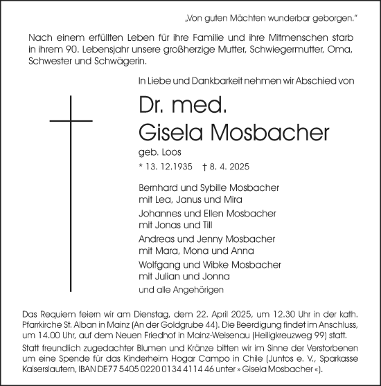 Traueranzeige von Gisela Mosbacher von Allgemeine Zeitung Mainz