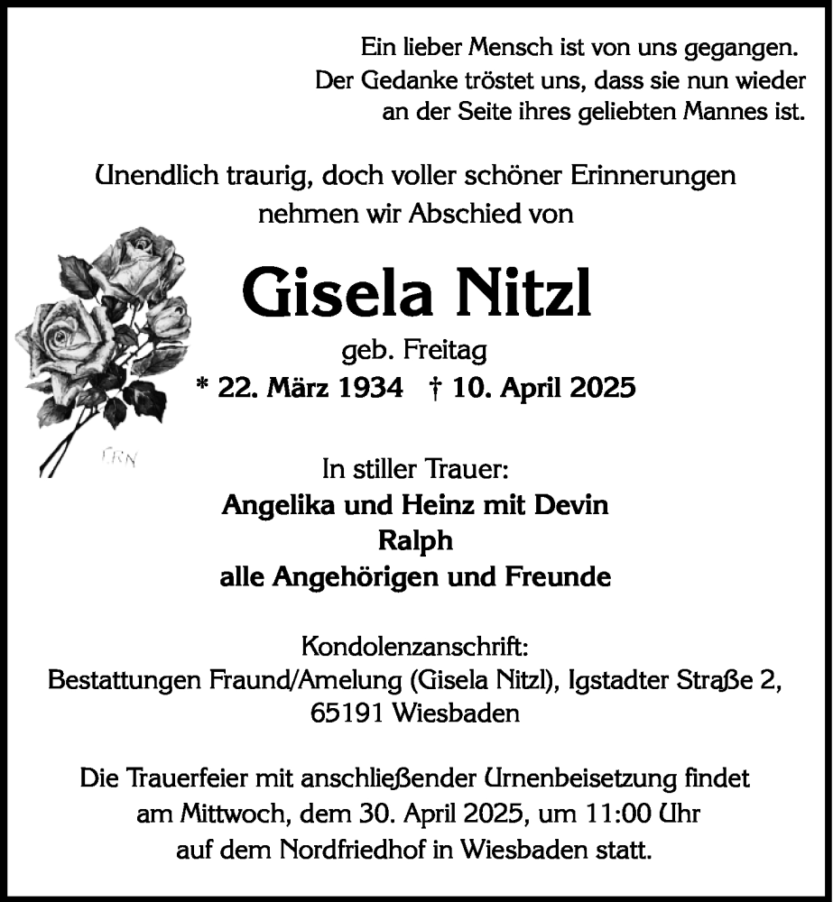  Traueranzeige für Gisela Nitzl vom 19.04.2025 aus Wiesbadener Kurier