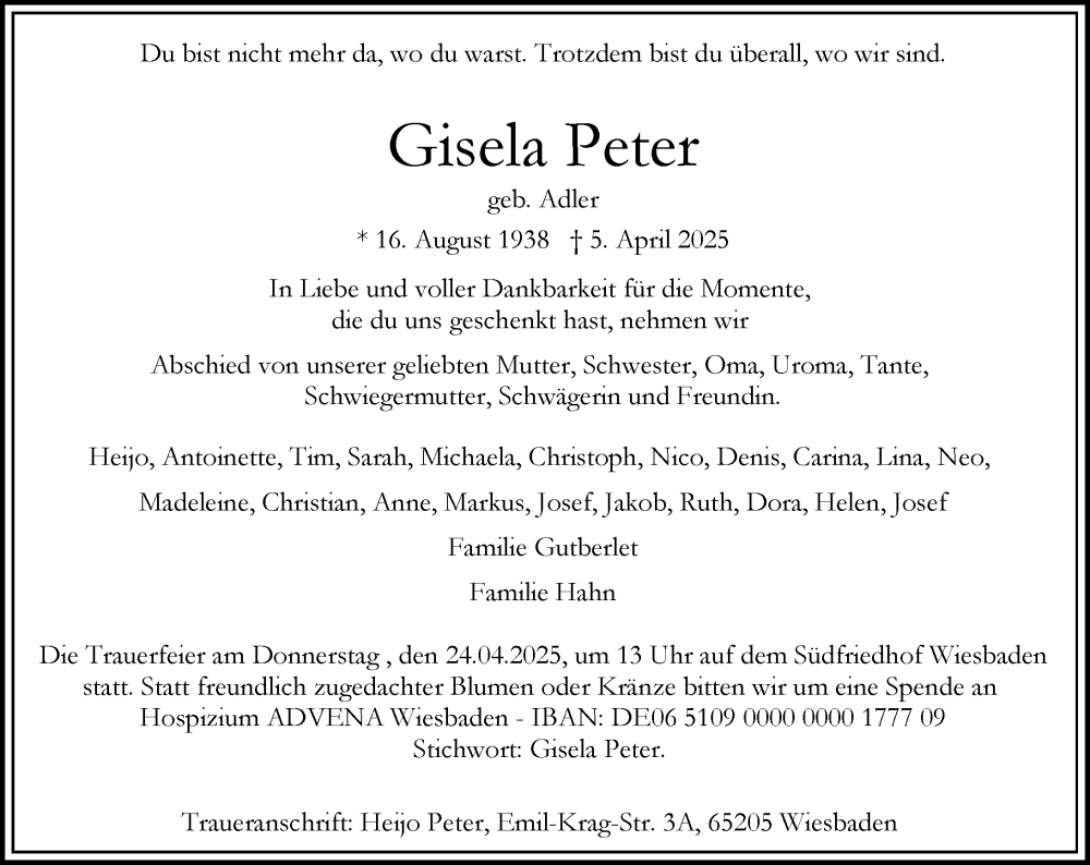  Traueranzeige für Gisela Peter vom 19.04.2025 aus Wiesbadener Kurier
