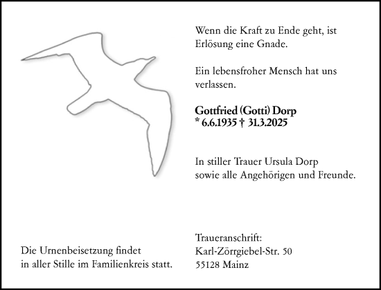 Traueranzeige von Gottfried Dorp von Allgemeine Zeitung Mainz