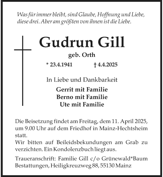 Traueranzeige von Gudrun Gill von Allgemeine Zeitung Mainz