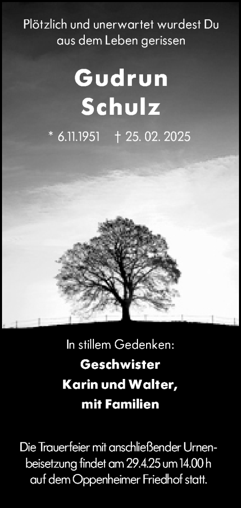 Traueranzeige von Gudrun Schulz von Rheinhessen Wochenblatt
