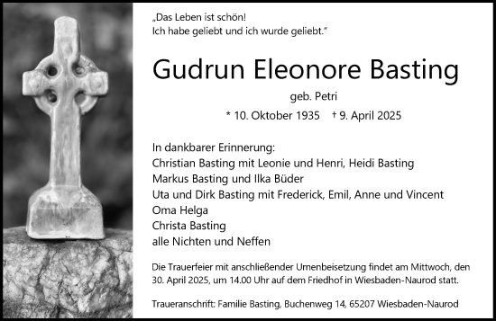 Traueranzeige von Gudrun Eleonore Basting von Wiesbadener Kurier