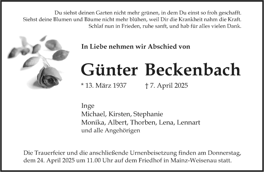  Traueranzeige für Günter Beckenbach vom 12.04.2025 aus Allgemeine Zeitung Mainz