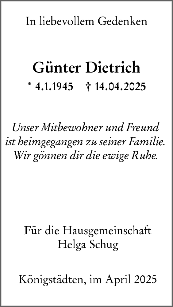  Traueranzeige für Günter Dietrich vom 19.04.2025 aus Rüsselsheimer Echo
