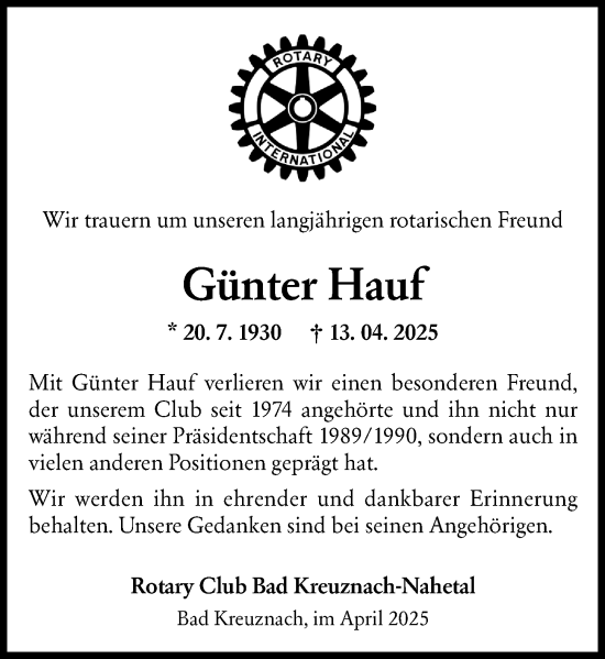 Traueranzeige von Günter Hauf von Allgemeine Zeitung Rheinhessen-Nahe