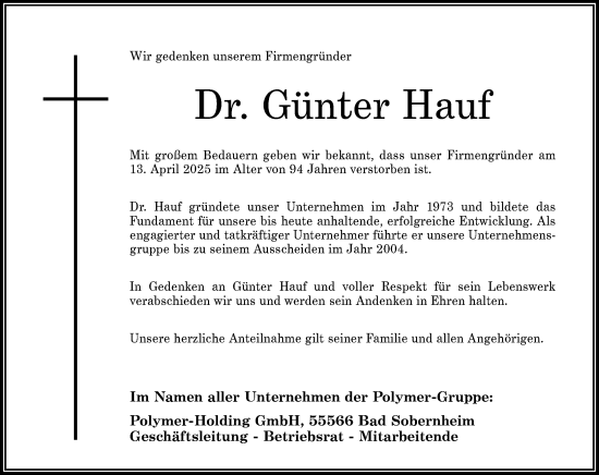 Traueranzeige von Günter Hauf von Allgemeine Zeitung Rheinhessen-Nahe
