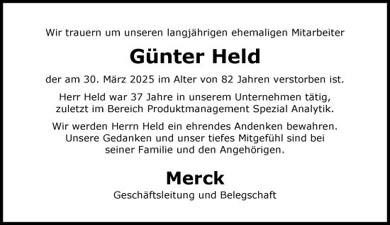 Traueranzeige von Günter Held von Darmstädter Echo